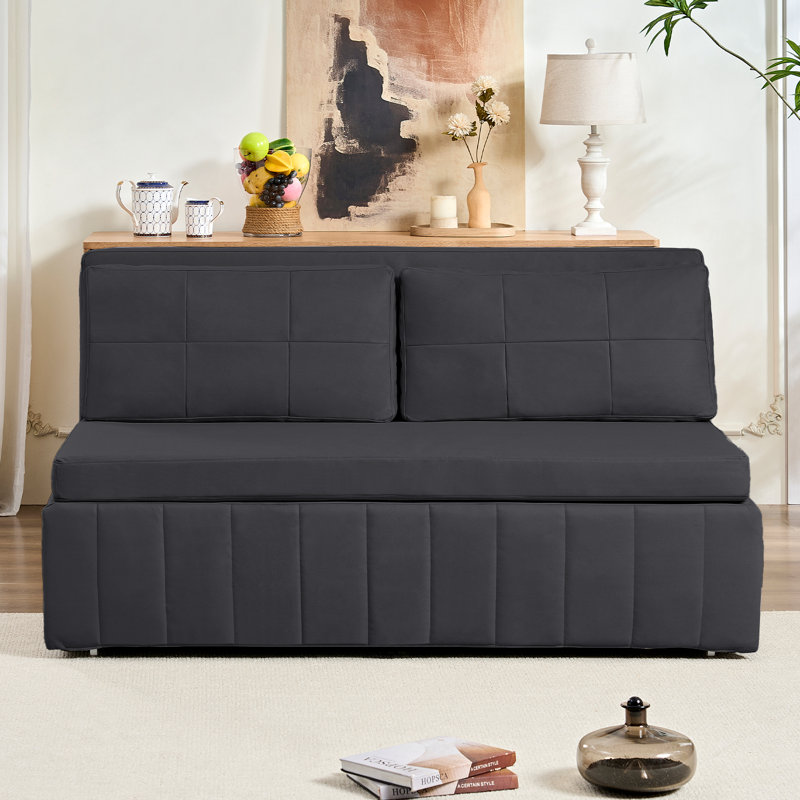  Ebern Designs Small Loveseat 3-in-1 Pull-Out Sleeper Sofa Bed with Throw Pillows, Dark Gray
