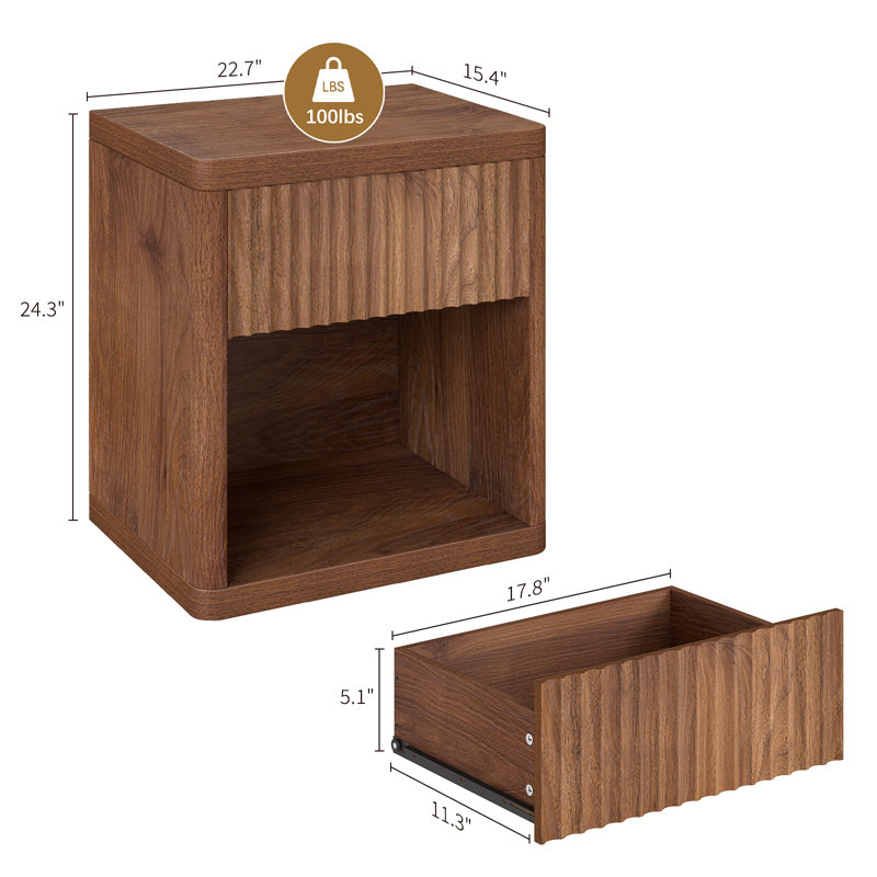 Night Stand Fluted Nightstand With Drawers, Wood Bedside Table With Storage, Farmhouse Bed Side Table For Bedroom, Sofa End Tables Living Room	