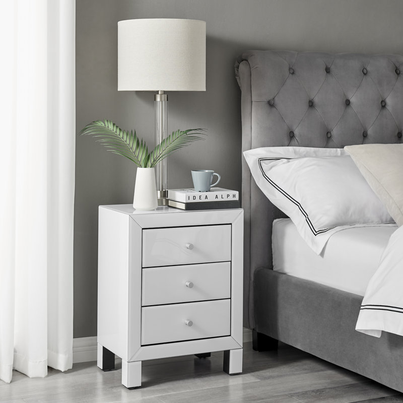 Mackynsie Mirrored Bedside Cabinet With 3 Drawers - Modern Luxury Bedside Table Nightstand, White