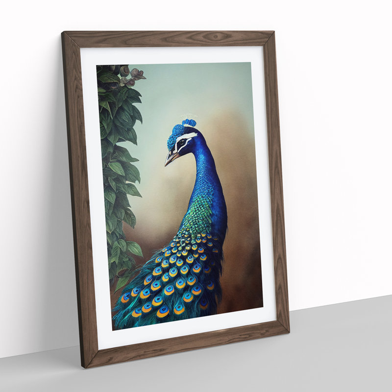 Peacock View No.2 - Wall Art, 66cm H x 48cm W, Walnut Framed Paper, White