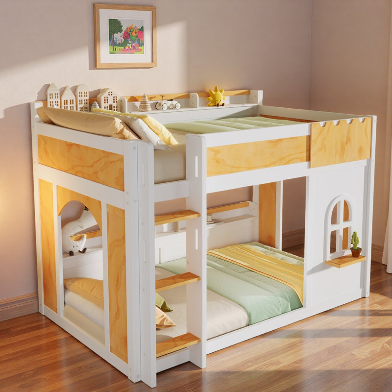 Lit superposé avec tablettes de rangement, fenêtre et 2 portes, Simple sur simple