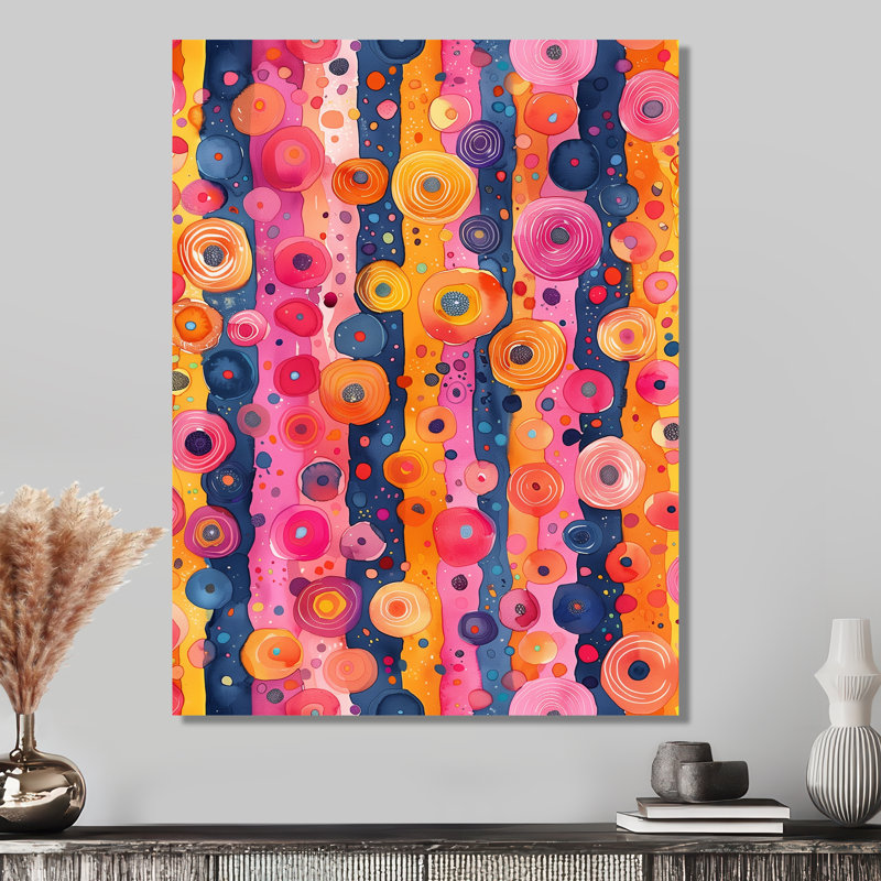 «Pink Blue Boho Dots And Stripes III», reproduction d'art abstrait, Sans cadre, H 30 po x l 40 po