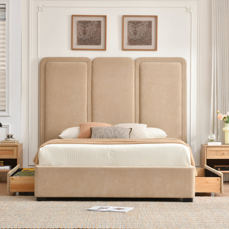 Modern Upholstered Platform Bed with 2 Solid Wood Under-Bed Storage Drawers, Tall 3-Panel Padded Headboard, No Box Spring Required