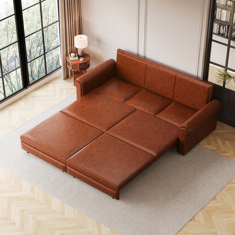 Canapé Chesterfield, canapé-lit gigogne de 93,7 po, canapé-lit convertible 3 en 1 en similicuir avec garniture cloutée et accoudoirs roulés, canapé-lit multifonctionnel