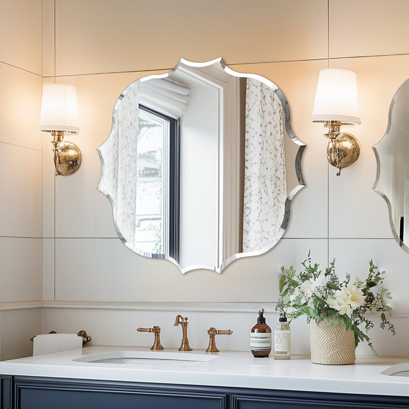 Minimalist Frameless Irregular Wall Hanging Mirror Silver Glass Beveled Mirror, 31.5"H x 31.5"W