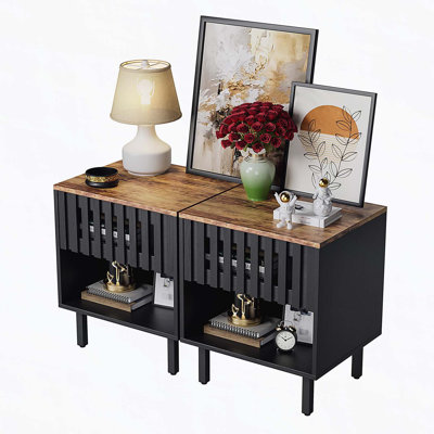 Ensemble de 2 tables de chevet avec portes grillagées rayées, table de chevet moderne Mid-Century, table de chevet avec tiroir à lattes, tables de bout avec pieds en métal, table de chevet pour chambre à coucher