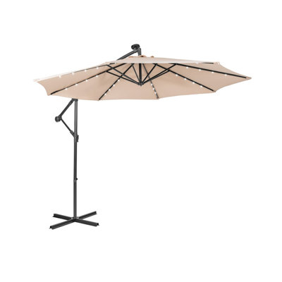 10 ft Square Solar LED Cantilever Patio Umbrella with 32 Lights, Manual Tilt and Cross Base, Beige