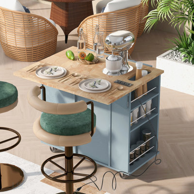 Kitchen Island With Power Outlet,Kitchen Storage Island With Drop Leaf And Rubber Wood,Open Storage And Wine Rack,5 Wheels, Kitchen Island