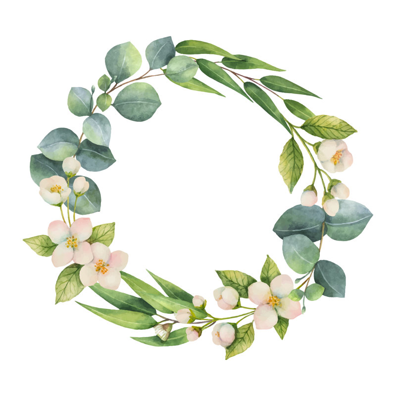 Watercolour Vector Wreath with Green Eucalyptus Leaves, Jasmine Flowers and Branches - Wrapped Canvas Graphic Art