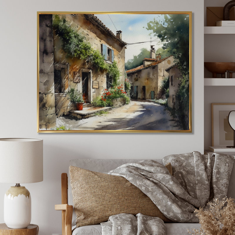 «Richaraj Mediterranean Village Street VI», reproduction sur toile, H 16 po x l 32 po x P 1 po, Cadre flottant doré