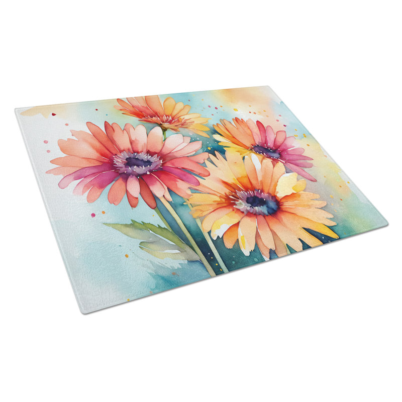 Gerbera Daisies in Watercolor Glass Cutting Board Large