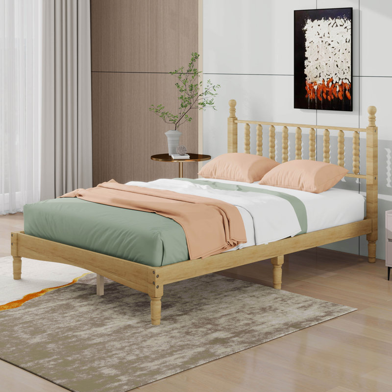 Lit plateforme double en bois avec tête de lit en forme de gourde, support à lattes en bois, lit plateforme de style rétro