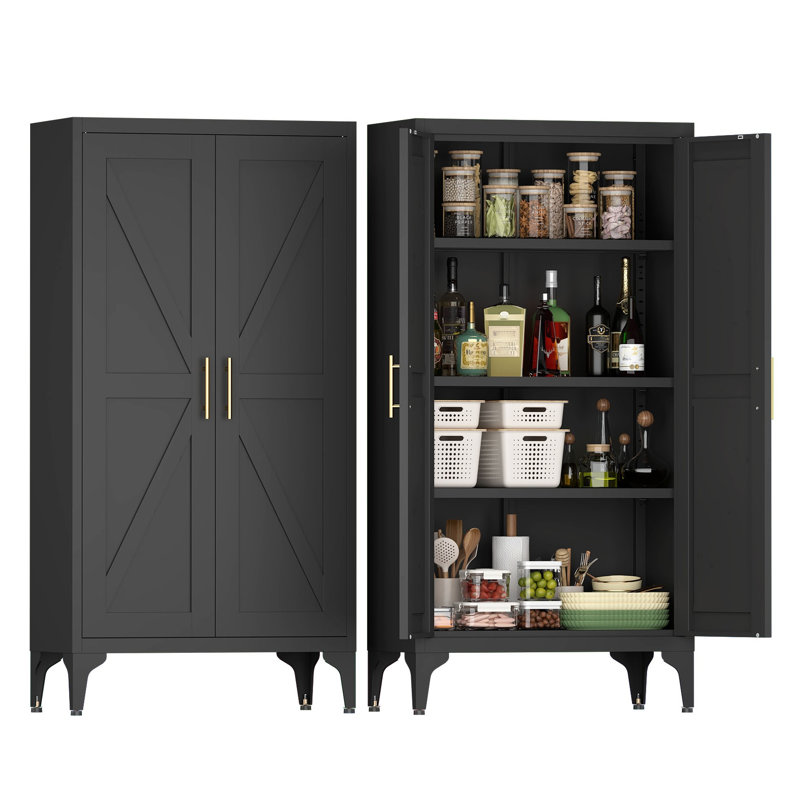 Armoire de rangement en métal noir avec étagères ajustables et portes aérées pour cuisine ou bureau