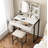 Small Vanity Desk With Mirror And Lights, Makeup Vanity Table With LED Mirror, 3 Lighting Modes, Power Outlet, Drawer, Open Shelves And Cushioned Stool For Bedroom (White And Black)