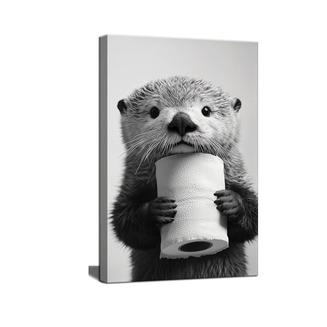 Funny Otter Bathroom Canvas Wall Art Picture Black And White Animal Poster Prints Cute Otter Holding A Roll Of Toilet Paper Painting Bathroom Artwork