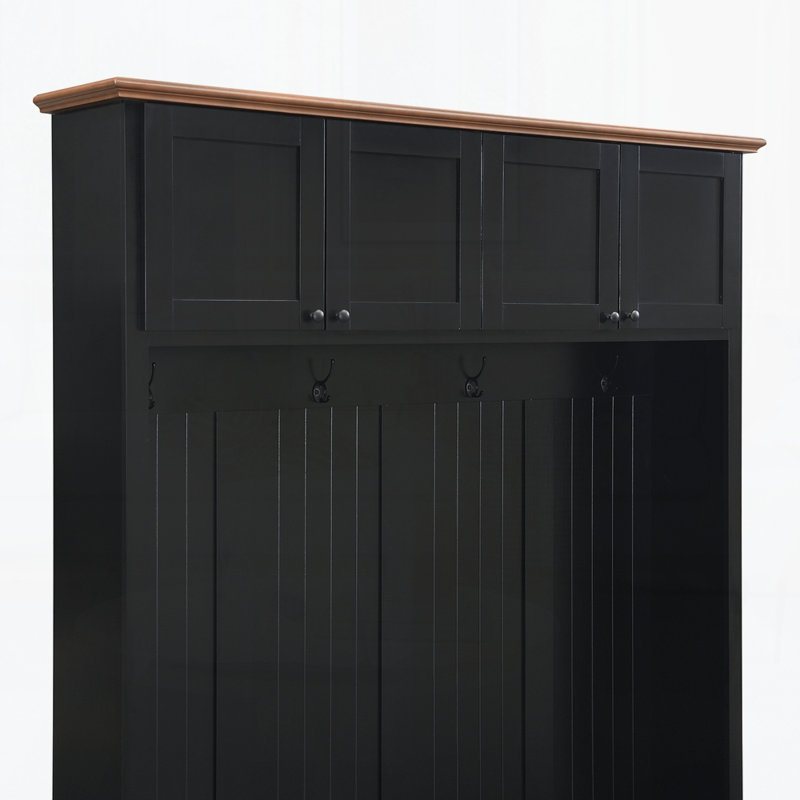 59"W Entryway Hall Tree with Bench and Storage, Farmhouse Wood-grain Accent 4-in-1 Hall Tree with Cabinets, Coat Racks and Hooks for Hallway, Entryway, living room and Mudroom