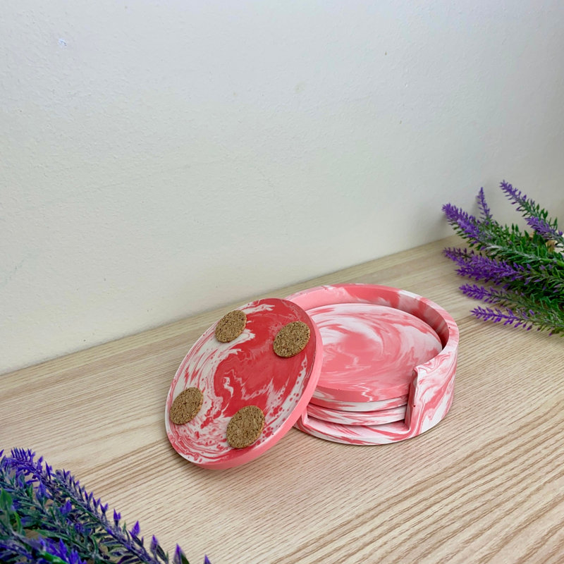Stoneware Round 4 Piece Coaster Set With Holder, Pink