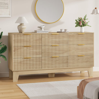Commode 9 tiroirs pour chambre à coucher, commode cannelée de 59 po de largeur avec poignée en métal