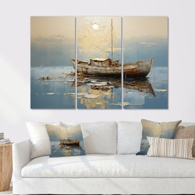 Minimalisme, pêche en bateau doré et gris III - ensemble de décoration de bateau de pêche
