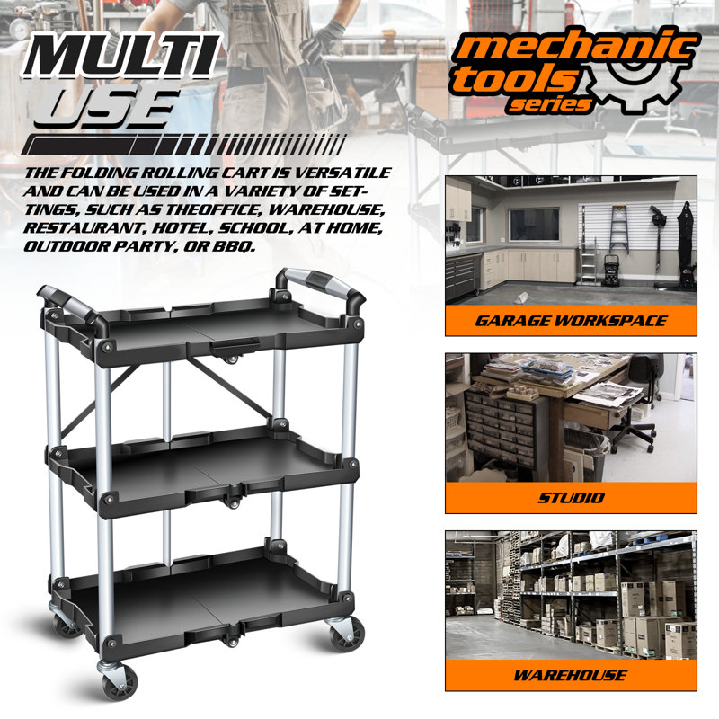3-Tier Collapsible Service Cart, 265Lbs Foldable Utility Service Cart Portable Tool Cart With Wheels