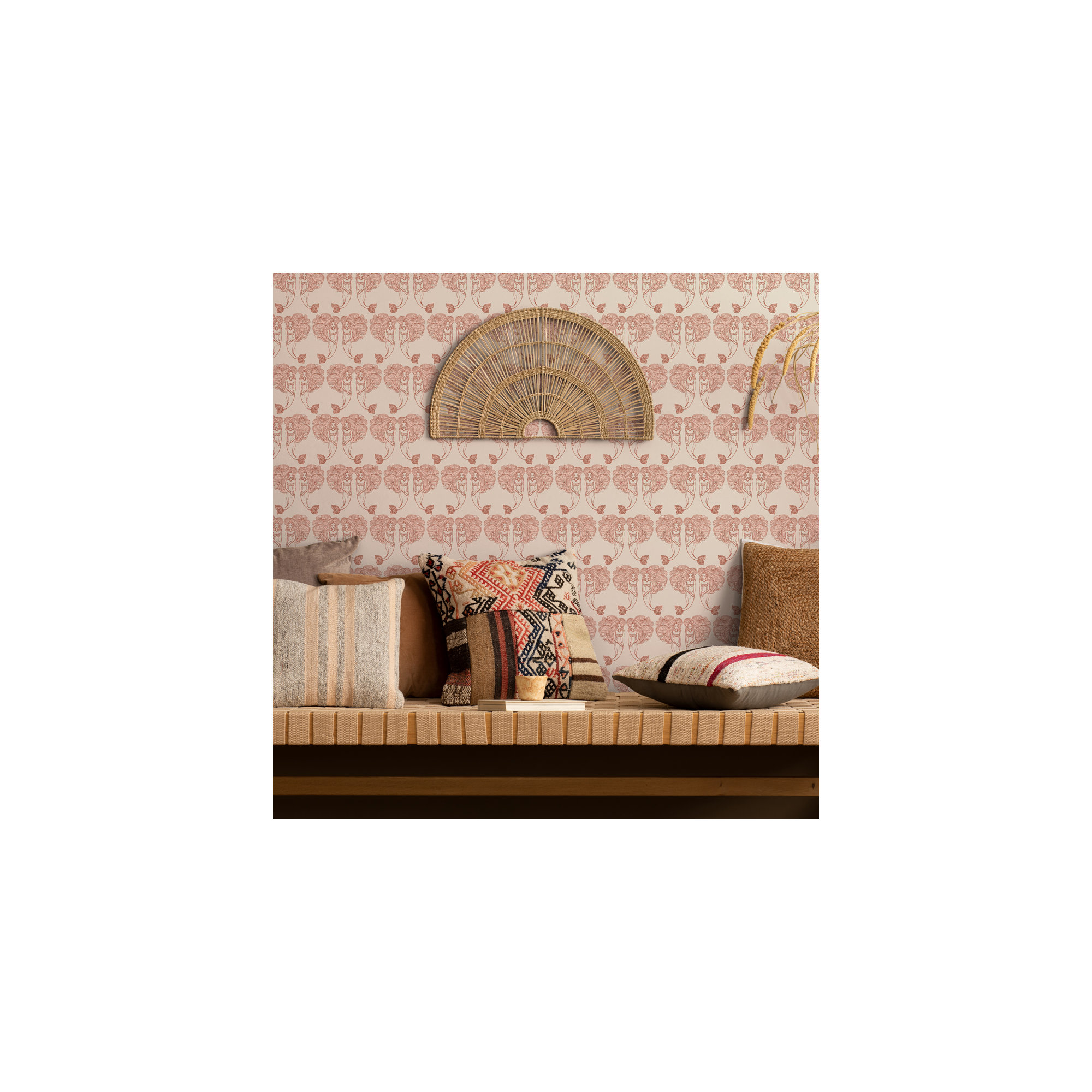 Block Print Mermaids Peel and Stick Wallpaper, Coral