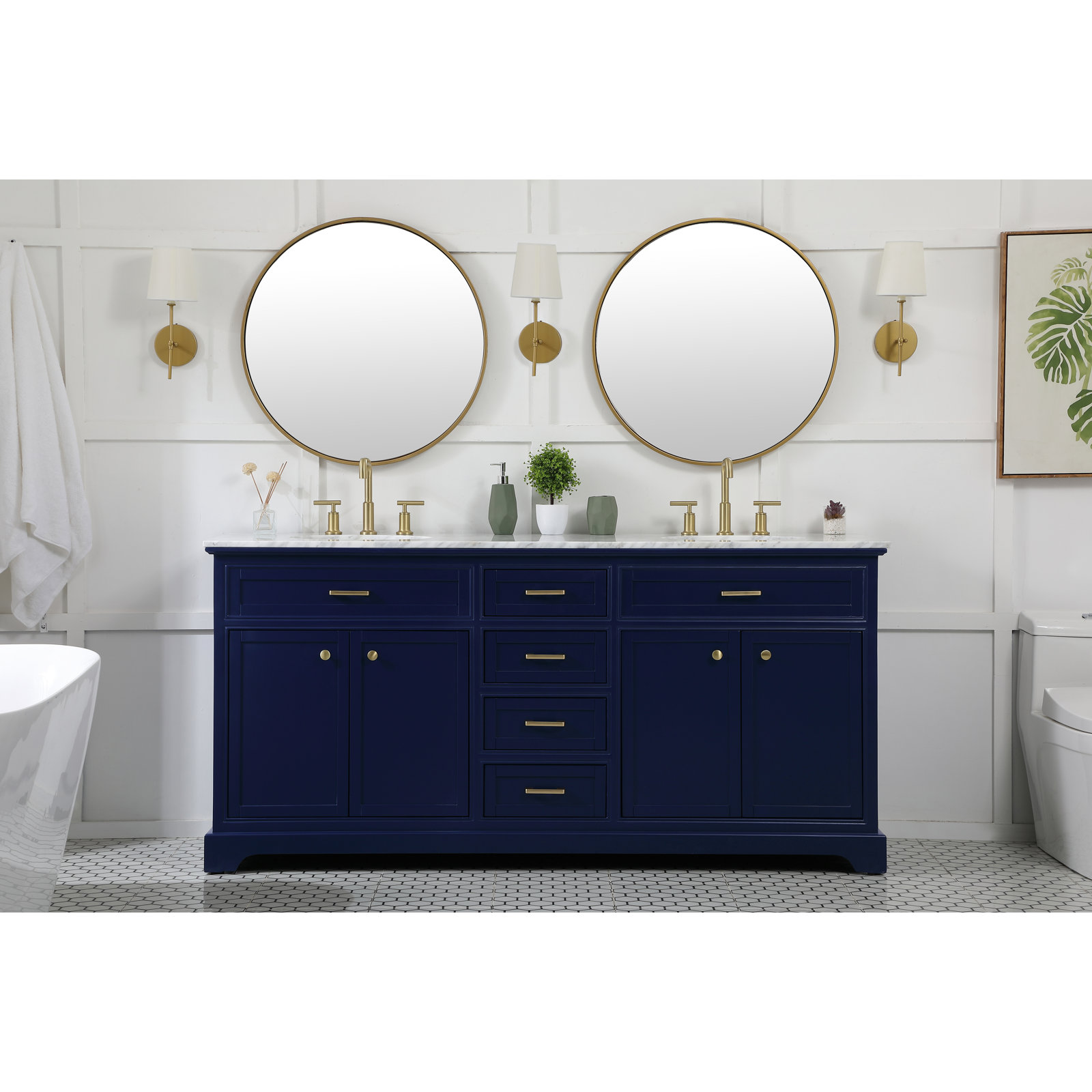 Hermes 72'' Double Bathroom Vanity, Carrara White Gray, Dark Blue