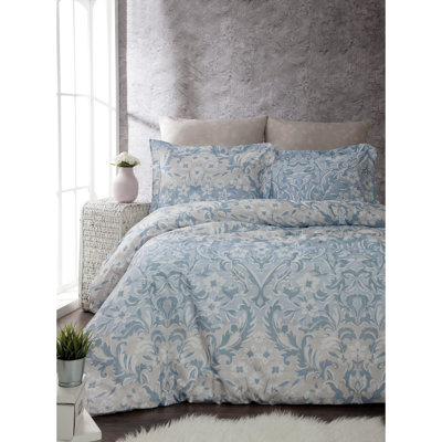 Ensemble de housse de couette 100% coton double Ranforce, bleu et crème | Housse de couette: 78,7 po x 78,7 po, taies d'oreiller: 31,5 po x 31,5 po (2 pièces) | Lavable à la machine, 145 fils, fermeture à boutons et enveloppes