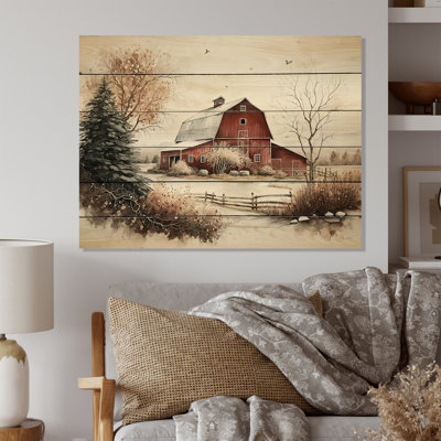 Alise Calm Red Barn In Winter I - impression sans cadre sur bois