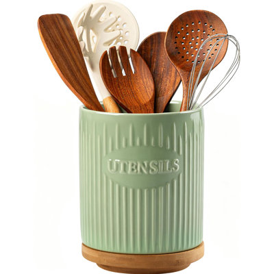Porte-ustensiles de cuisine pivotant sur 360 °, grand porte-ustensiles de cuisine en céramique 7,6 po pour comptoir avec base en bambou rotatif, pot à ustensiles de cuisine stable, vert