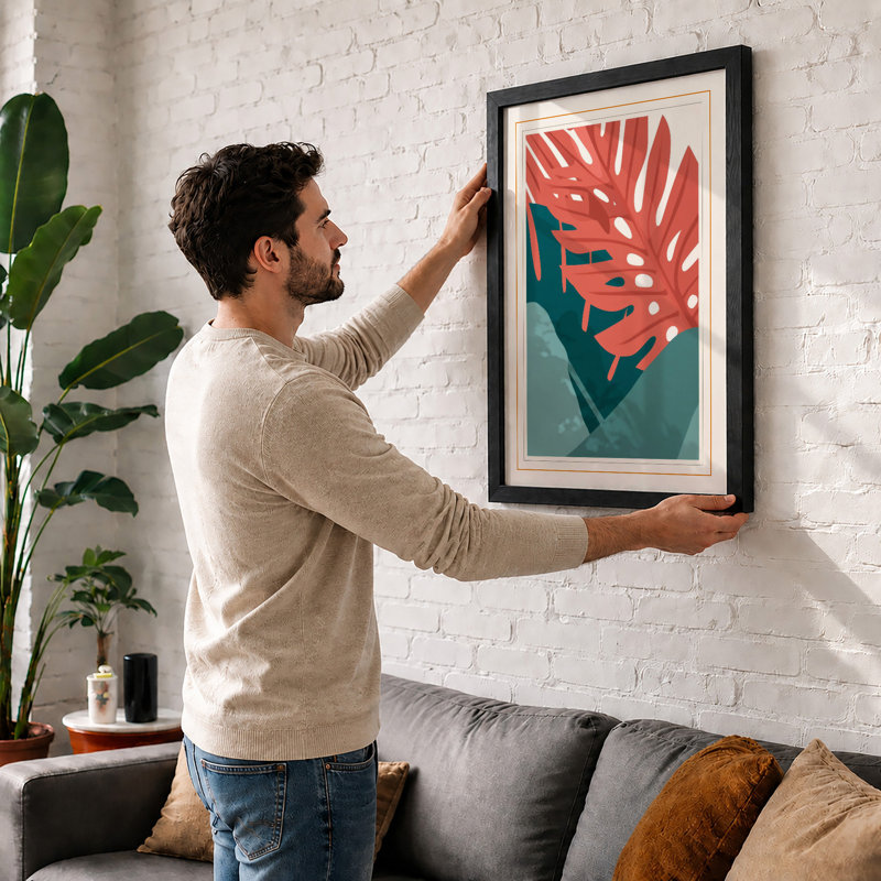 Geometric Leaf Study Botanical - Framed Print, A2 - 59.4 x 42.0 cm, Walnut