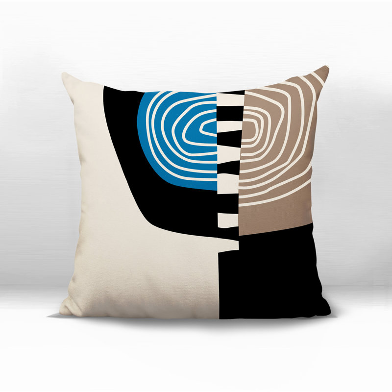Coussin Marti, H 15 po x l 15 po, Turquoise / noir / blanc cassé abstrait