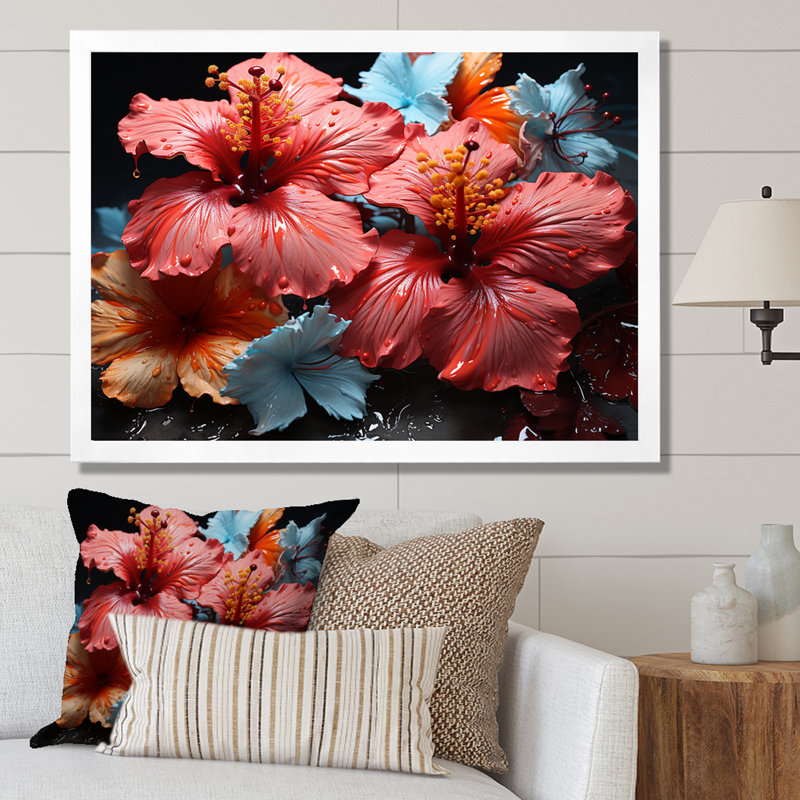 Hibiscus en fleurs sur verre, H 34 po x l 44 po x P 1,5 po, Cadre flottant blanc