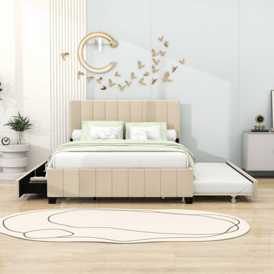 Queen-Size Upholstered Platform Bed with Headboard, Dual Storage Drawers and Twin XL Trundle by Ebern Designs