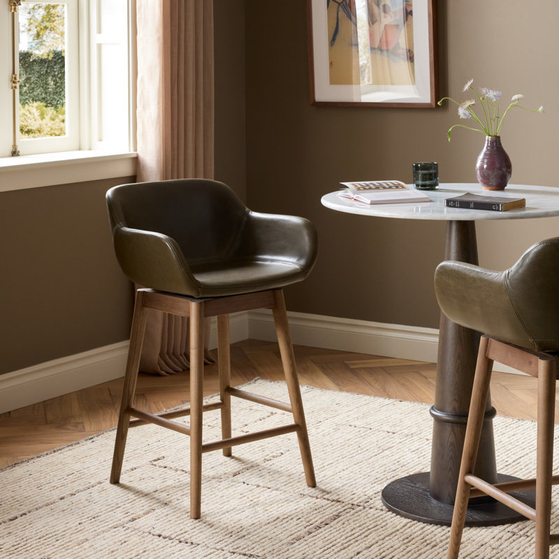 Hannah Swivel Stool, Amber Ash, Dulane Moss/Genuine Leather, Counter Stool (26.5" Seat Height)