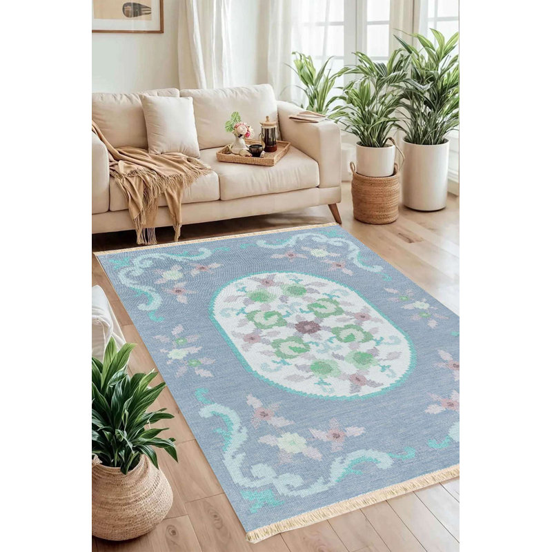 Tapis ovale bleu clair à motif floral en médaillon Chintz, Bleu clair