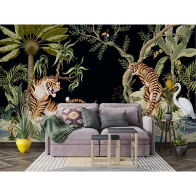 Vintage Jungle Tigers Exotic Wildlife Tropical Forest Scene Wall Mural