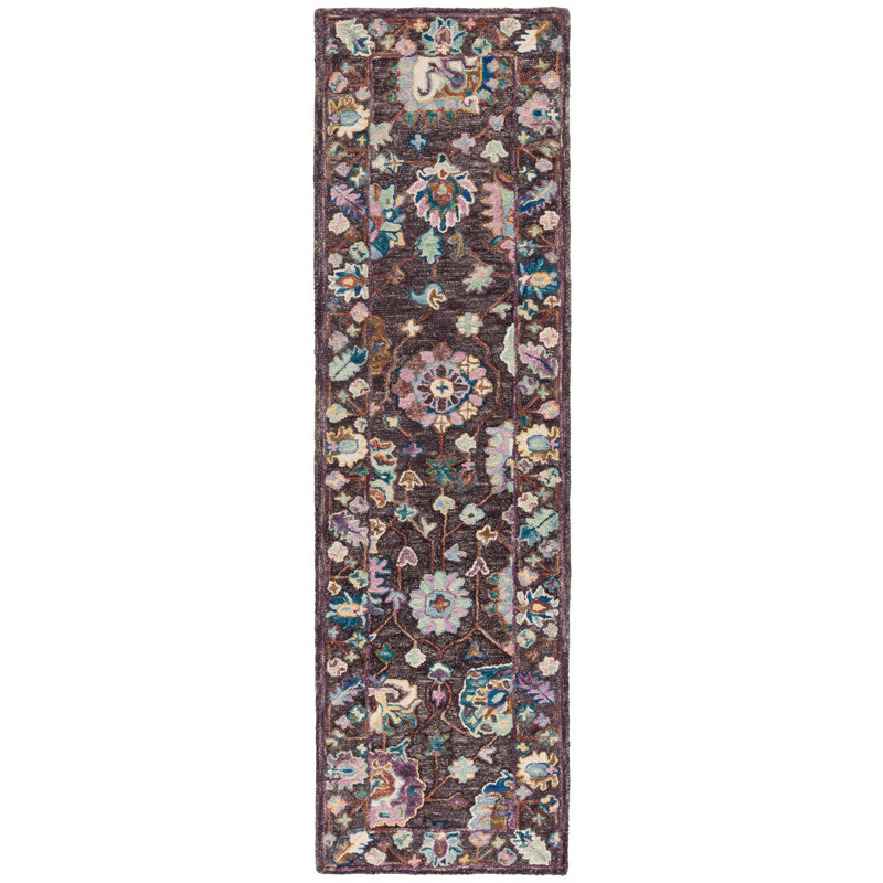 Sereta Tufted Wool/Cotton Performance Floral Rug in Brown/Blue/Charcoal/Lavender/Gray, Runner 2'3" x 8'