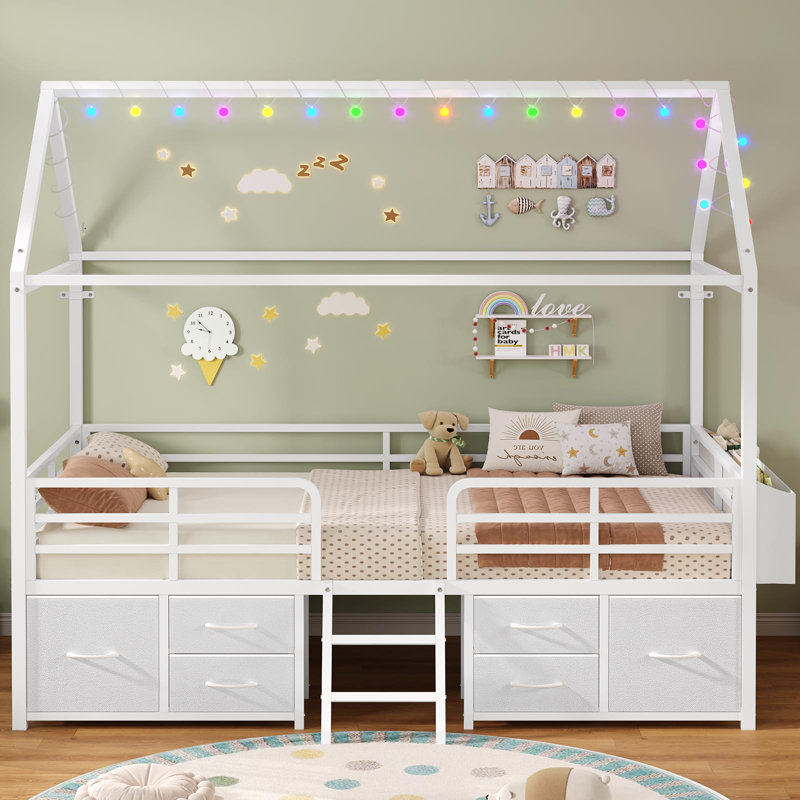 Structure de lit simple avec 6 tiroirs, lit en forme de maison avec guirlande de lumières sphériques, lit mezzanine bas avec garde-corps de sécurité, échelle inclinée, pas besoin de boîte de rangement, peu d'espace pour la chambre à coucher