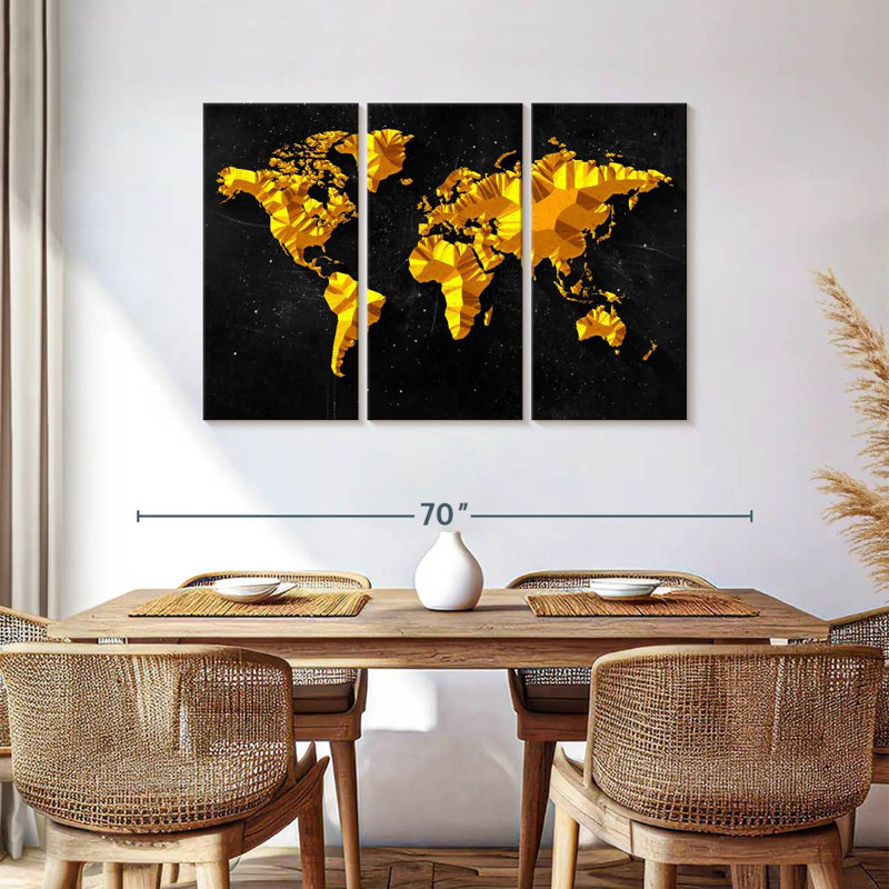 Ensemble de 3 mappemonde dorées sur toile, 36" H x 57" W x 1.25" D