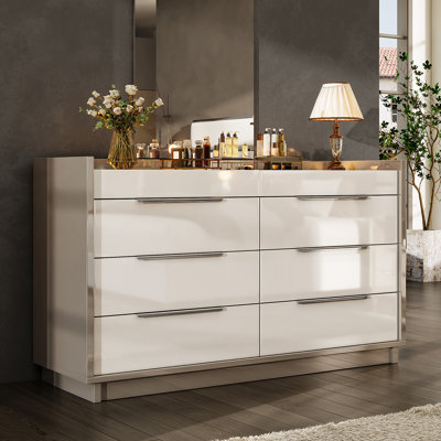 47.2" W Modern High Gloss 8 Drawer Dresser With Led Light