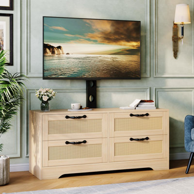 Meuble télé 43,3 po avec support et 4 tiroirs en rotin, centre de divertissement moderne et console de rangement pour téléviseurs de 32 à 70 po