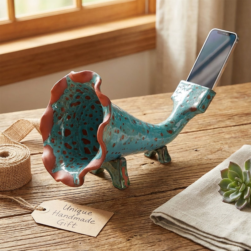 Clayspire Handmade Ceramic Gramophone-shaped Phone Amplifier – Decorative Gramophone Horn for Home Decor with Natural Sound Boost, Teal Blue Color