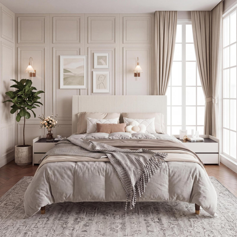 European Double (140 x 200 cm) Bed, Beige