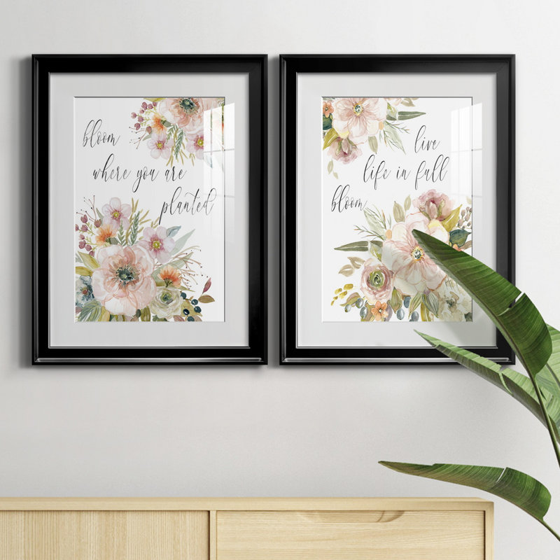 «Peach Bloom I», ensemble de 2 impressions, Blanc, H 18,5 po x l 49 po x P 1,5 po, Papier encadré noir