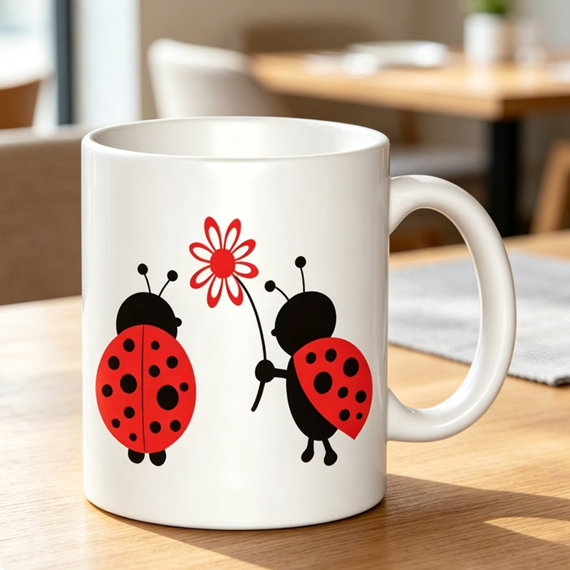 1pc Whimsical Ladybug & Flower Ceramic Coffee Mug - Red & Ladybug Design with Dots.