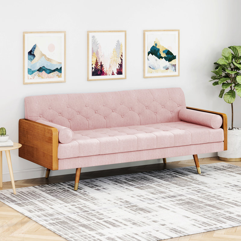 Bel-Air 72.2" Mid Century Modern Tufted 3 Seater Sofa with Bolster Pillows, Blush Fabric