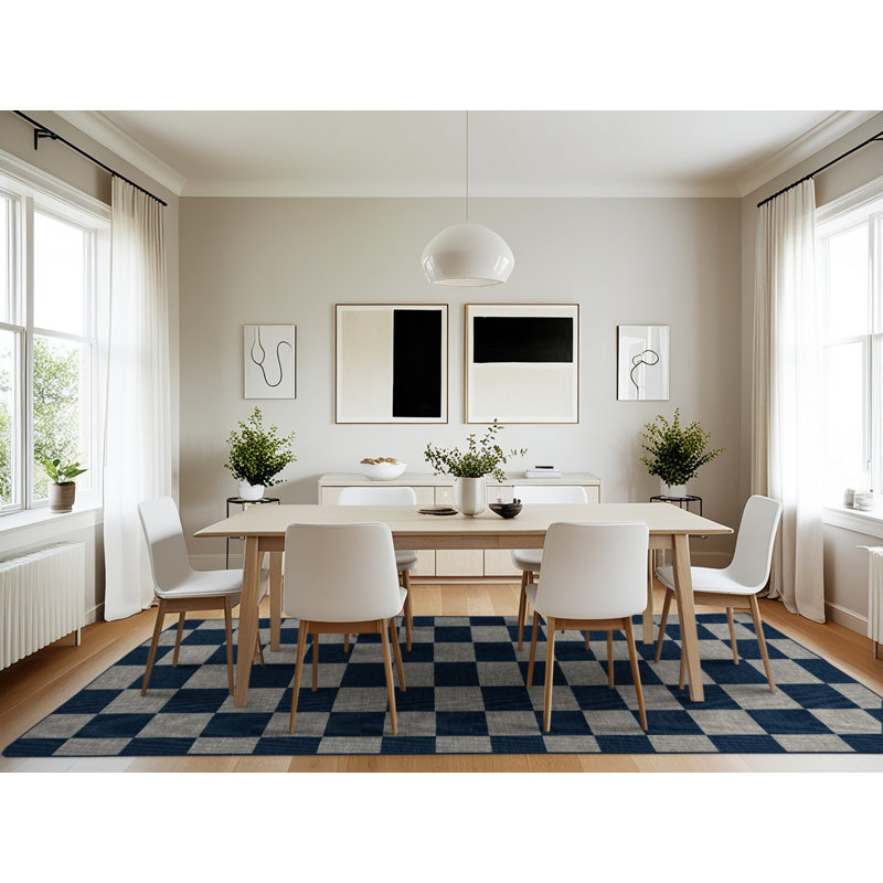 Tapis bleu à carreaux lavable à la machine, Rectangle 7 pi x 10 pi
