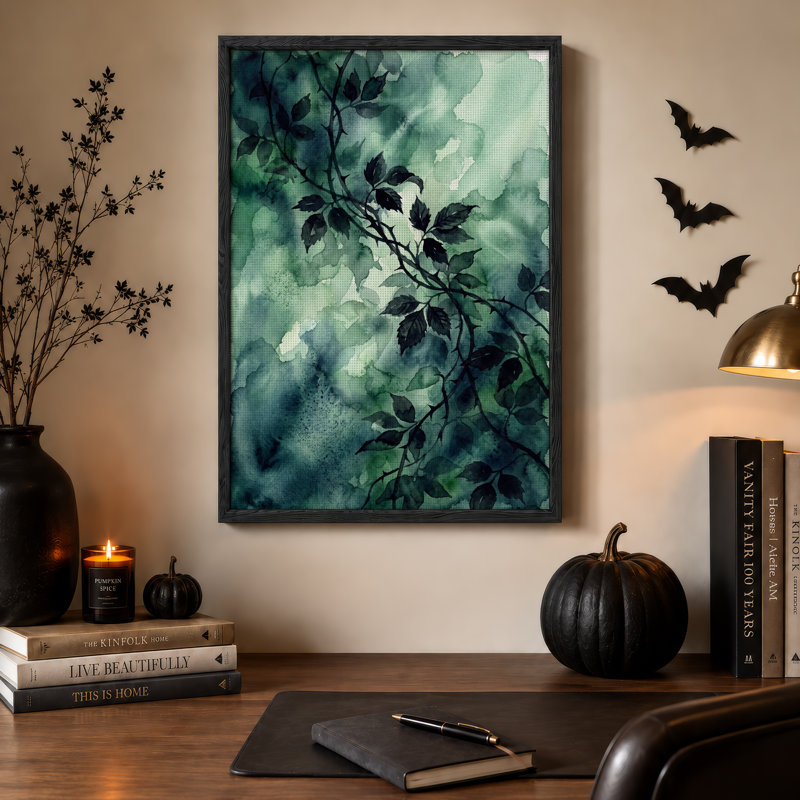 Aquarelle sur toile vert foncé, H 24 po x l 18 po