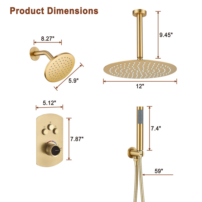 Calder Complete Shower System with Dual Rainfall Shower Heads, Brushed Gold