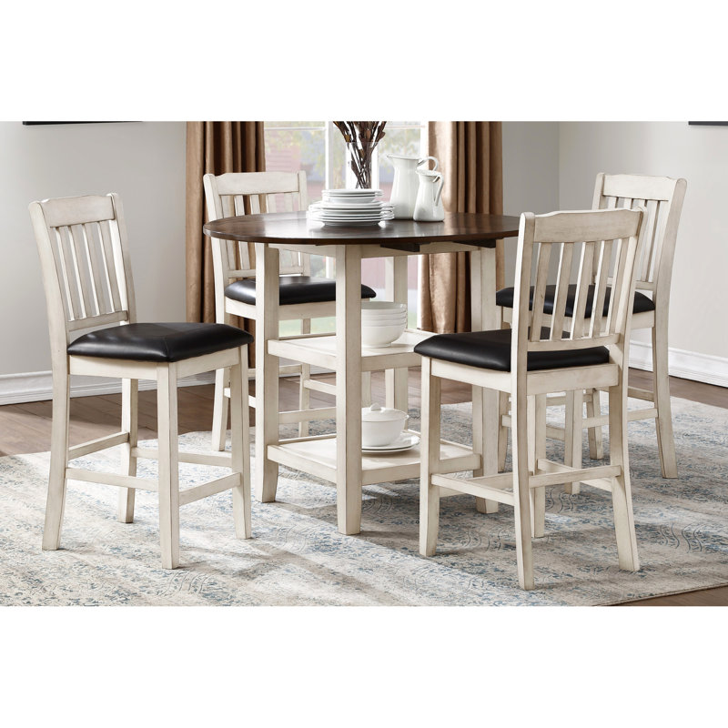 Counter Height Table With 2-Tone Appearance, Whitewash And Dark Cherry, Drop Side Leaf White & Cherry Table, Leaf, 2 Bottom Shelves, Seating For 4 Room
